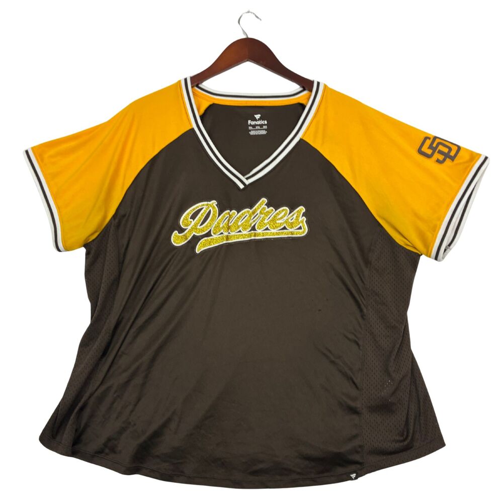 San Diego Padres Fanatics Womens 3XL Brown Gold V Neck Baseball Jersey Shirt